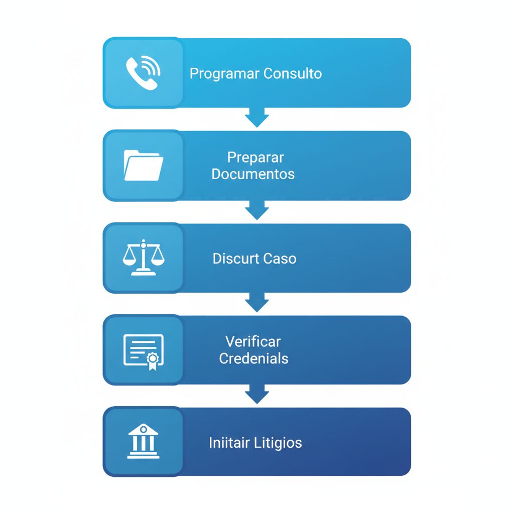 Flujo de proceso vertical ilustrado con cinco etapas para comenzar con un abogado de accidentes en Downey, mostrando programación de consulta, preparación de documentos, discusión del caso, verificación de credenciales e inicio de litigios.
