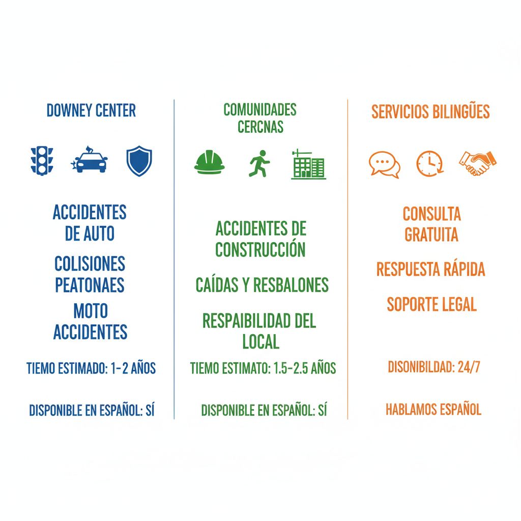 Infografía comparando áreas de servicio legal para accidentes en Downey y comunidades cercanas con íconos en colores azul, verde y naranja.