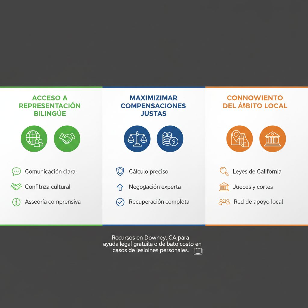 Infografía ilustrando beneficios de contratar un abogado local en Downey: representación bilingüe, compensaciones justas y conocimiento local.