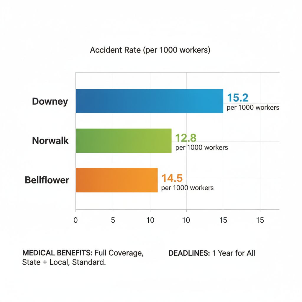 Gráfico comparativo de tasas de accidentes laborales en Downey, Norwalk y Bellflower con beneficios médicos y plazos de reclamos.