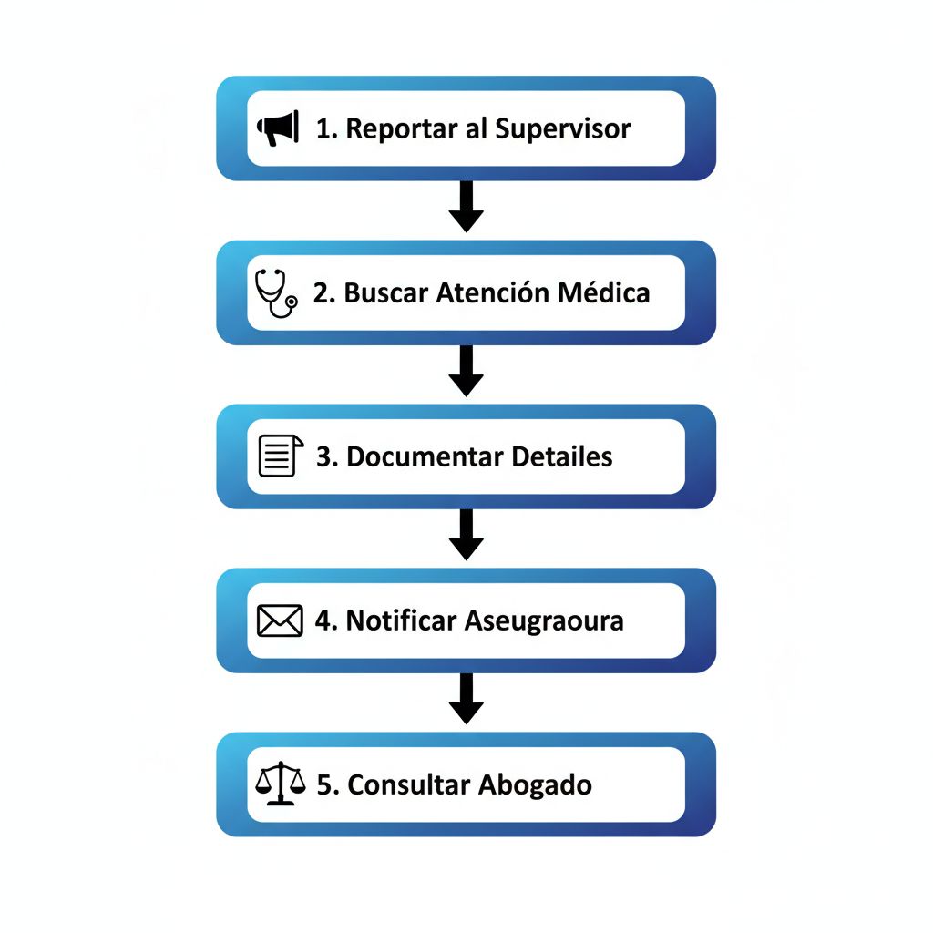 Diagrama de flujo vertical ilustrando los cinco pasos iniciales para iniciar un reclamo por accidente laboral en Downey, con iconos y etiquetas breves