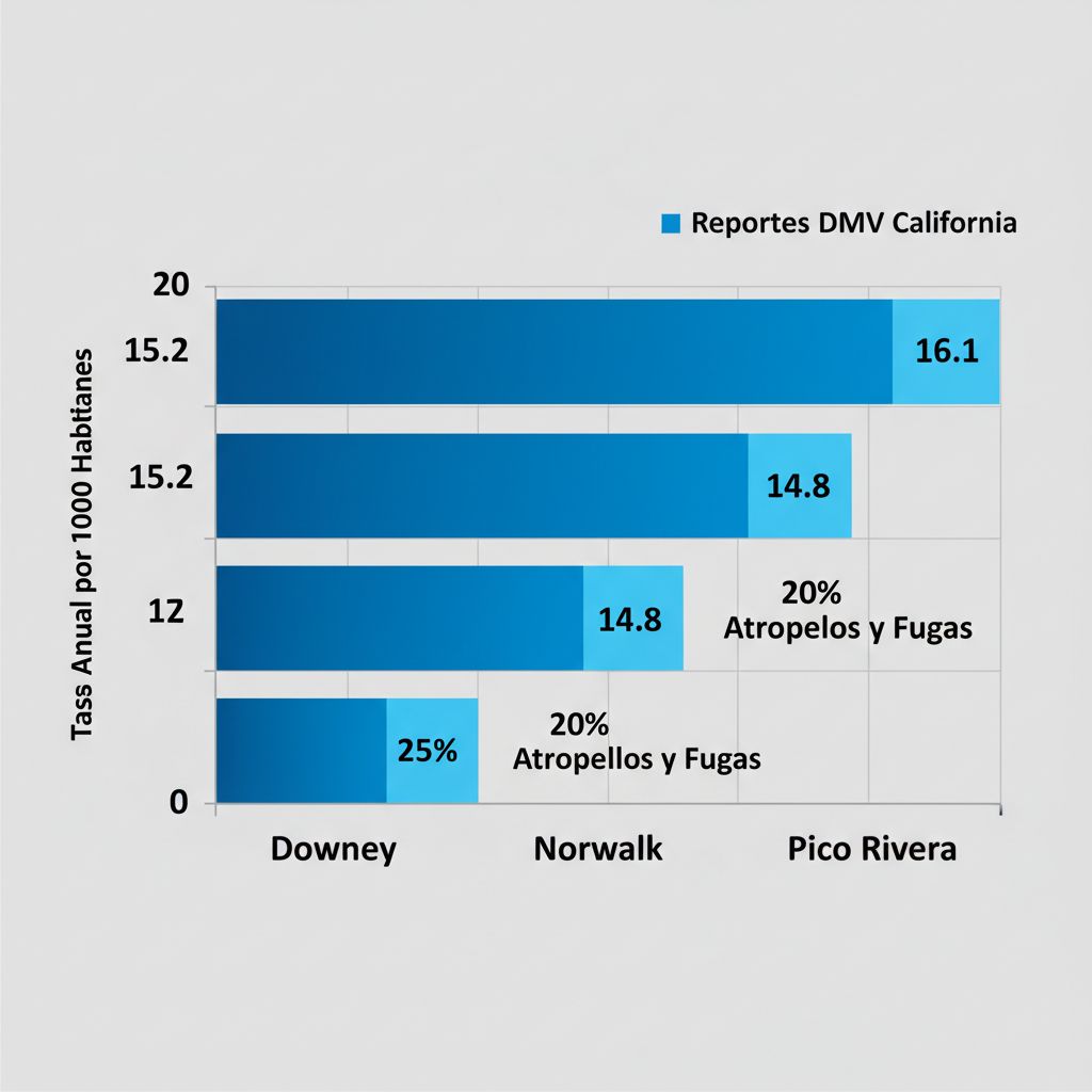 Gráfico de barras comparando tasas de accidentes automovilísticos en Downey, Norwalk y Pico Rivera con datos anuales y porcentajes de atropellos.